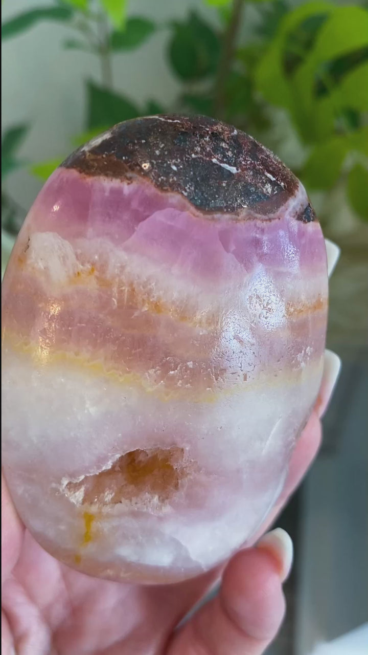 LARGE Pink Aragonite Palm Stone #1 - Chakra Alignment, Emotional Healing, Spiritual Connection, Grounding, Enhancing Intuition