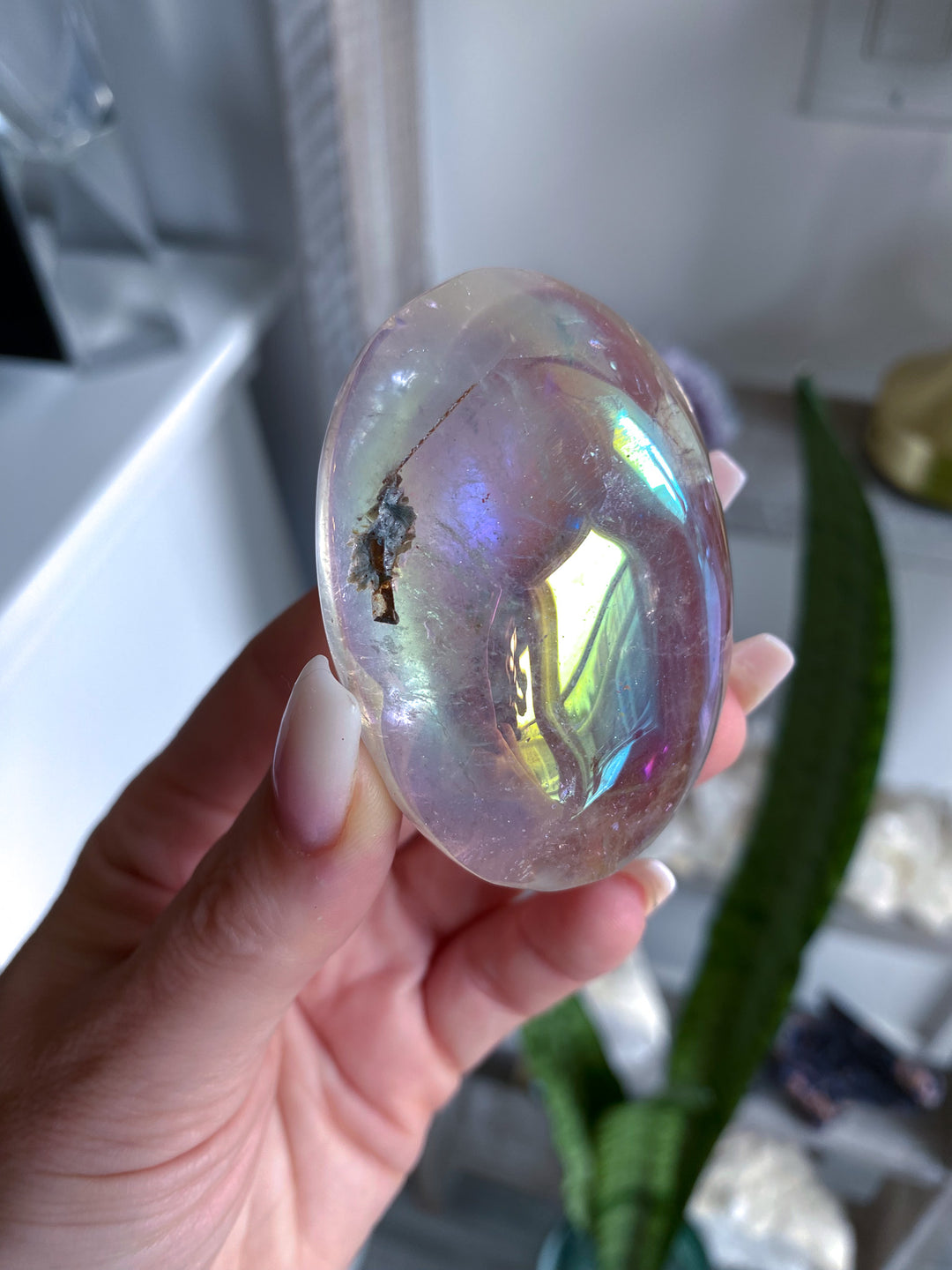 Small Angel Aura Clear Quartz Palm Stone 