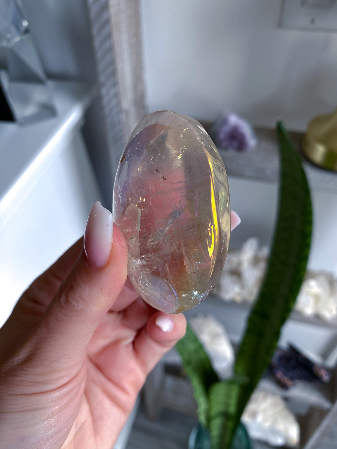 Small Angel Aura Clear Quartz Palm Stone 