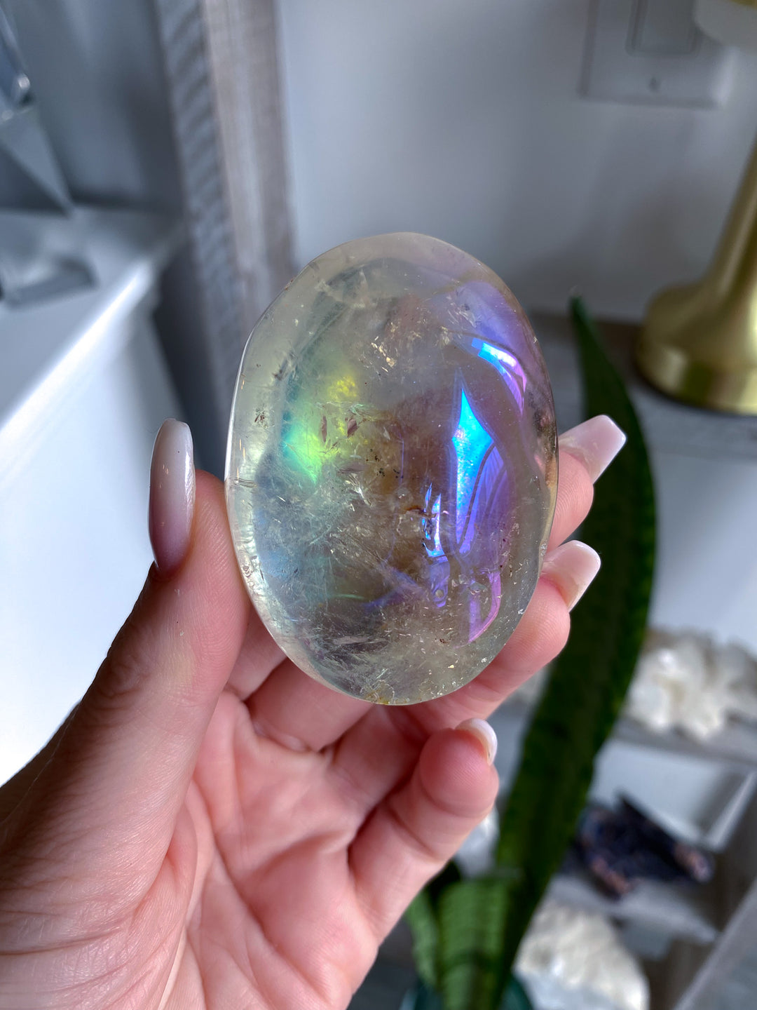 Small Angel Aura Clear Quartz Palm Stone 