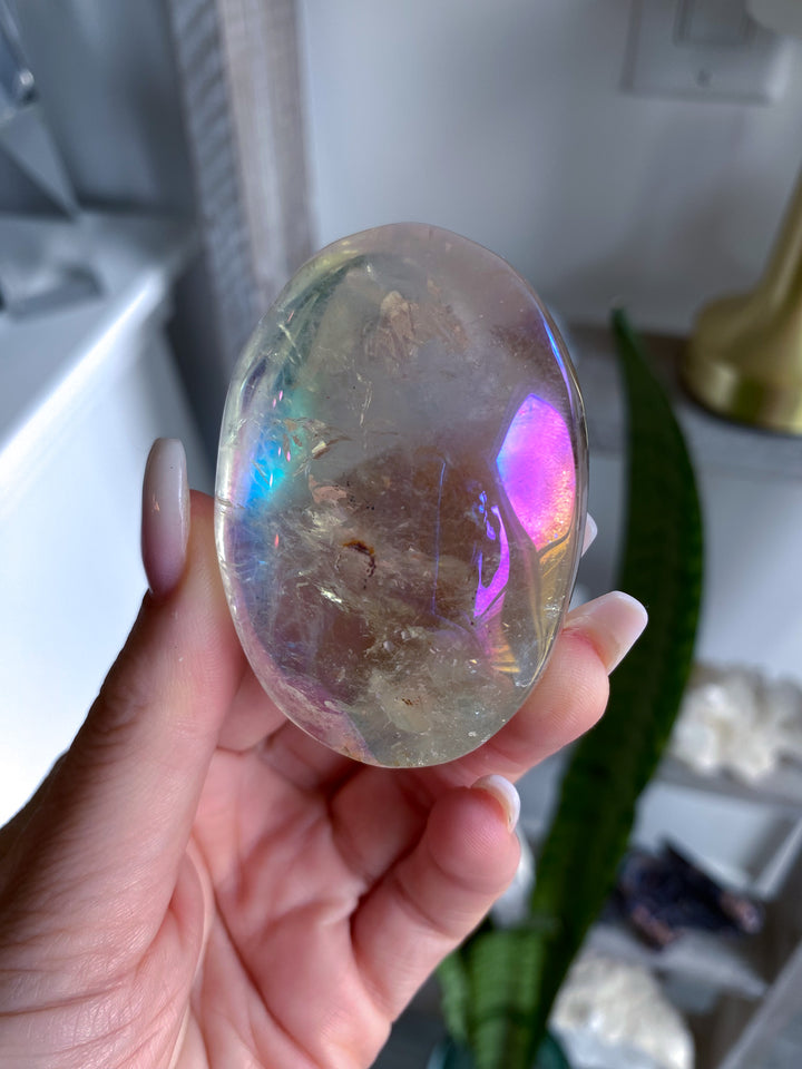 Small Angel Aura Clear Quartz Palm Stone 