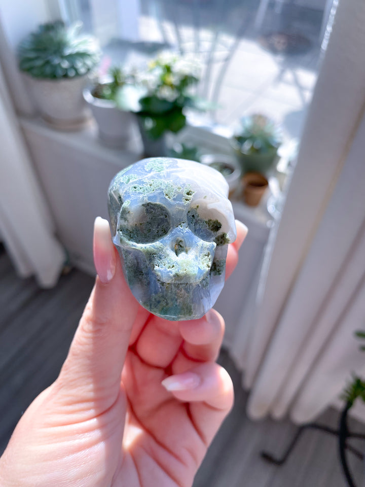 Small Green Moss Agate Skull - Imperfect