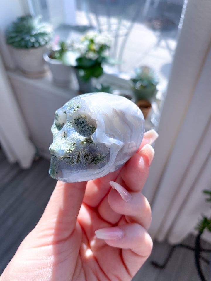 Small Green Moss Agate Skull - Imperfect