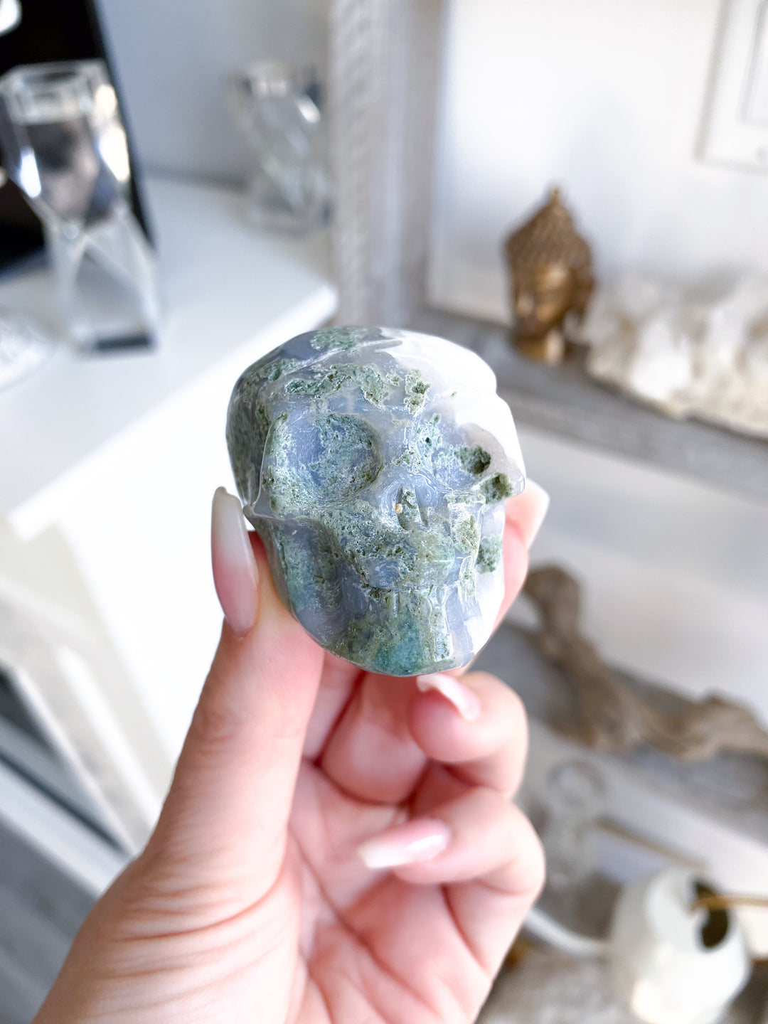 Small Green Moss Agate Skull - Imperfect