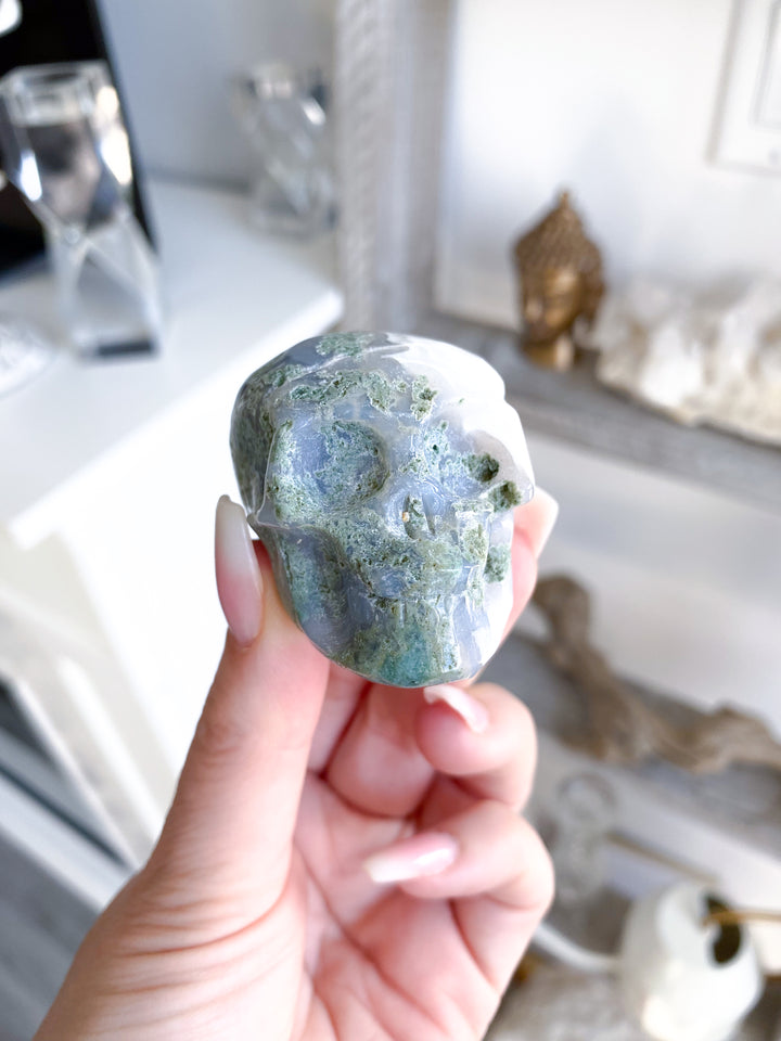 Small Green Moss Agate Skull - Imperfect