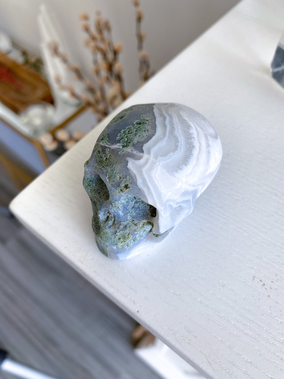 Small Green Moss Agate Skull - Imperfect