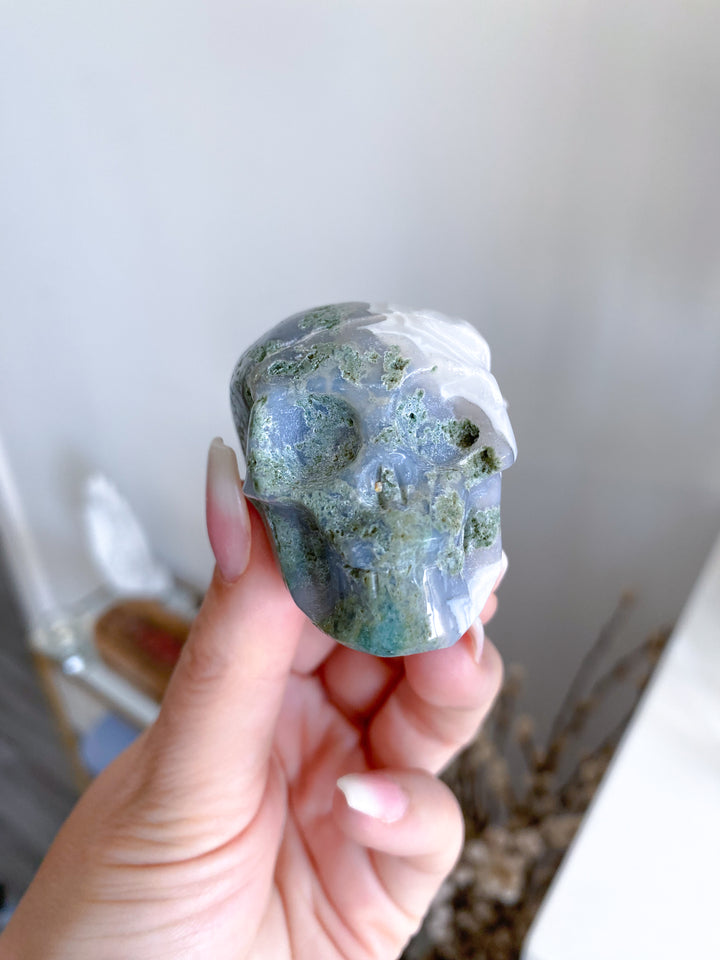 Small Green Moss Agate Skull - Imperfect