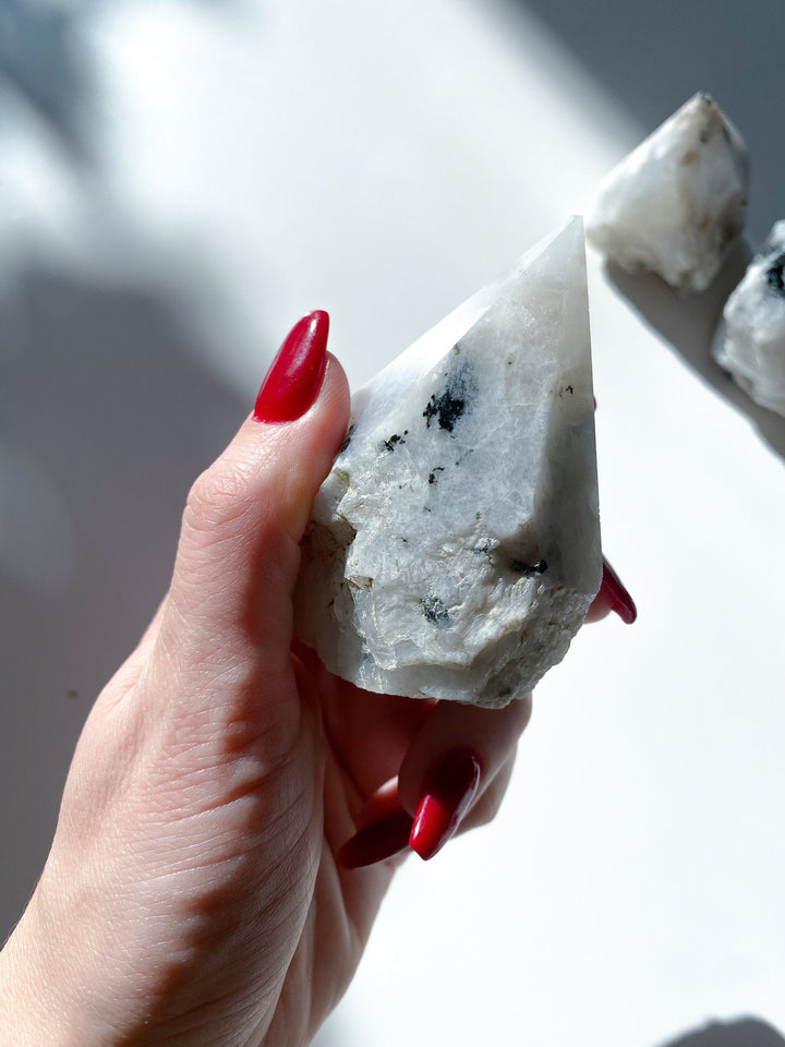 HIGH QUALITY Rainbow Moonstone Point - Safety Crystal - Hope - Happiness - Fresh Start - Moon Divine Feminine Energy - Support - Soothing