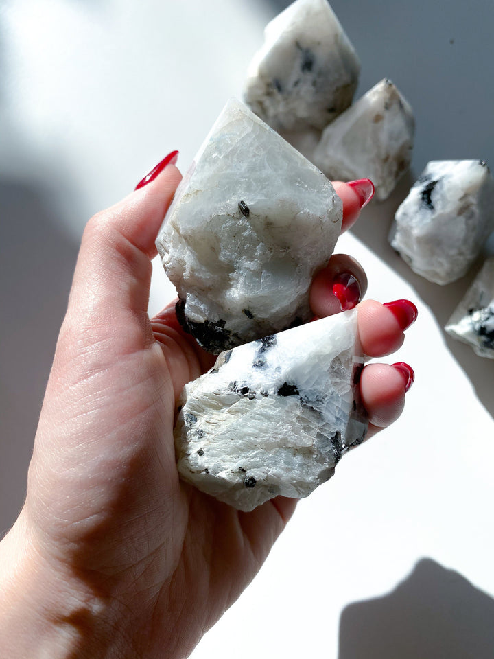 HIGH QUALITY Rainbow Moonstone Point - Safety Crystal - Hope - Happiness - Fresh Start - Moon Divine Feminine Energy - Support - Soothing