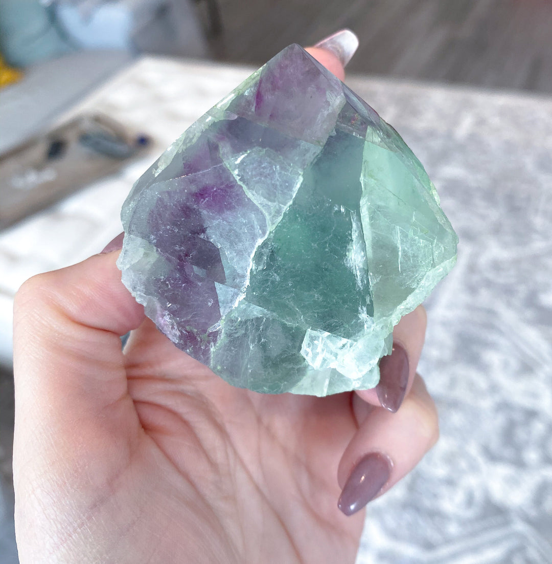 Polished Fluorite Point - Light Green and Deep Purple Stripe - Get this EXACT Stone - Protection - Aura Cleanse - Communication - Visions