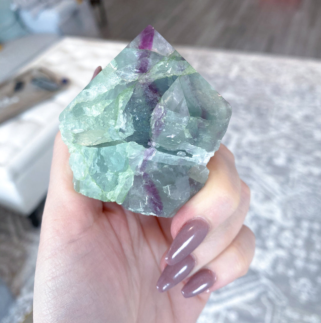 Polished Fluorite Point - Light Green and Deep Purple Stripe - Get this EXACT Stone - Protection - Aura Cleanse - Communication - Visions