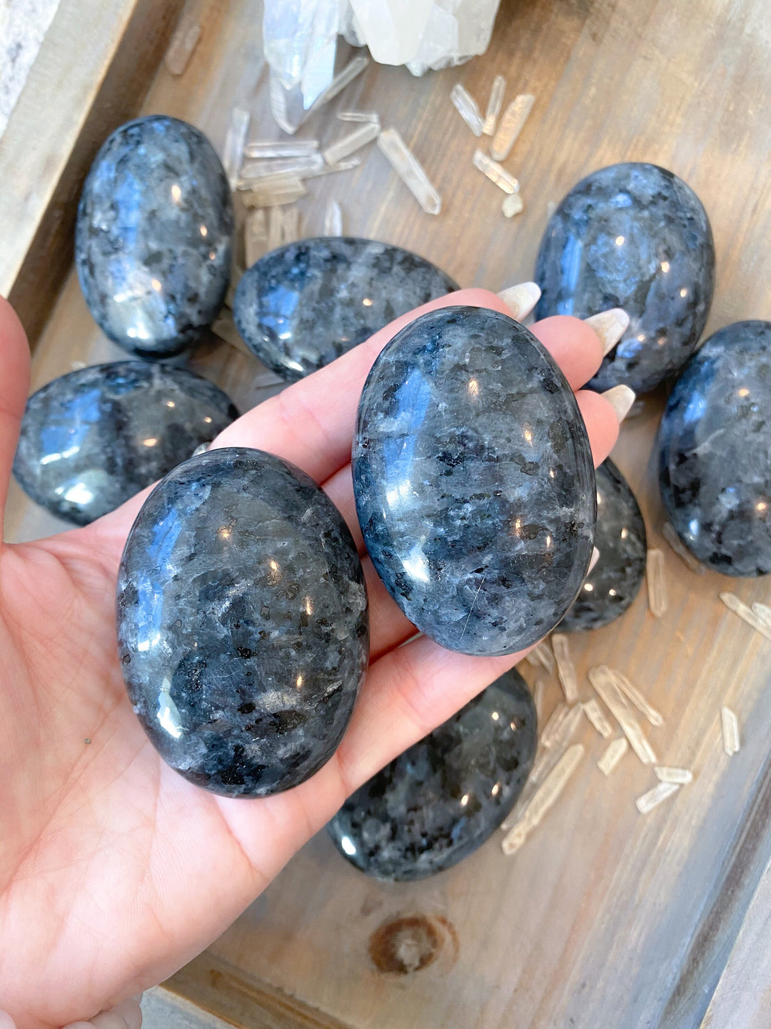 Grey Flashy Larvikite Palm Stone - Choose Your Size