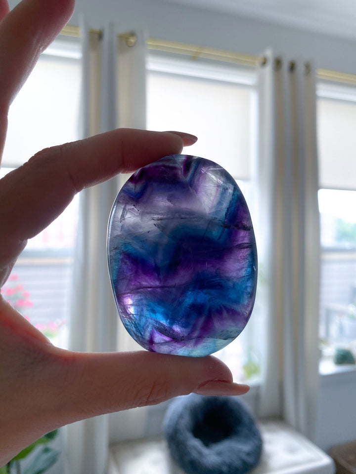 Chevron Pattern Rainbow Fluorite Palm - Green Blue Purple - Get this EXACT Stone - Protection - Aura Cleanse - Communication - Visions