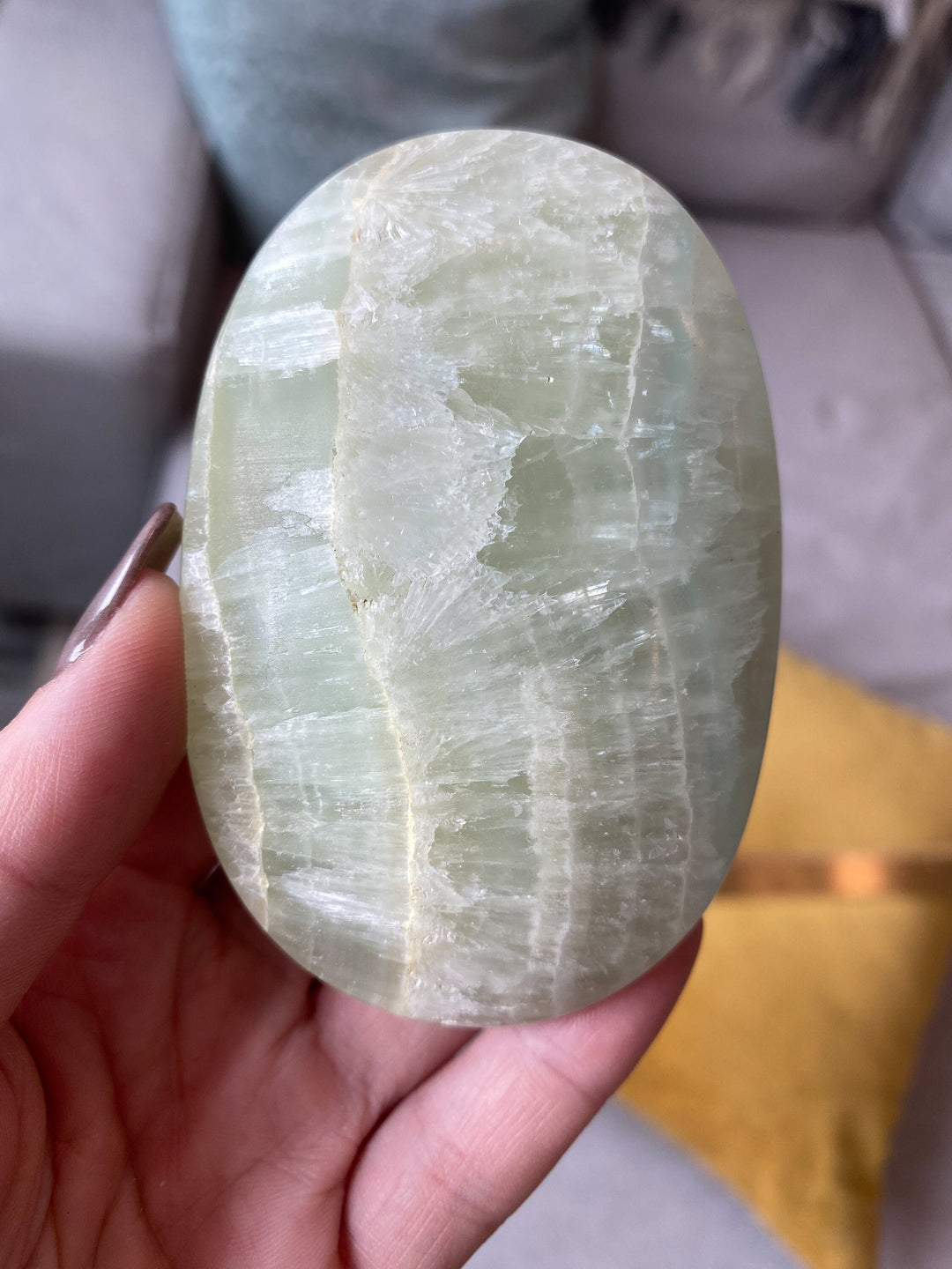 XL Pistachio Green Calcite Palm Stone - Get Exact Stone