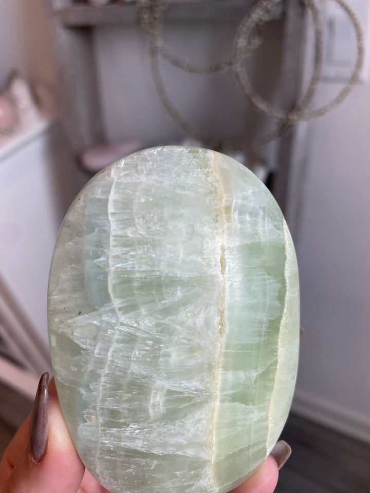 XL Pistachio Green Calcite Palm Stone - Get Exact Stone