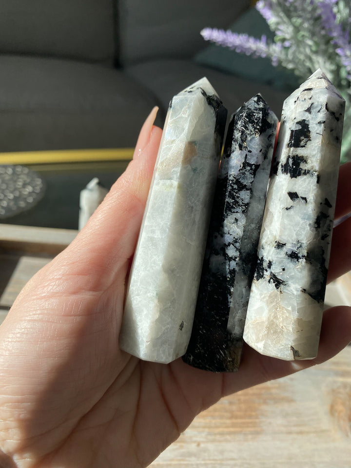 Rainbow Moonstone 3" Tower - Safety Crystal - Hope - Happiness - Fresh Start - Moon Divine Feminine Energy - Support - Soothing