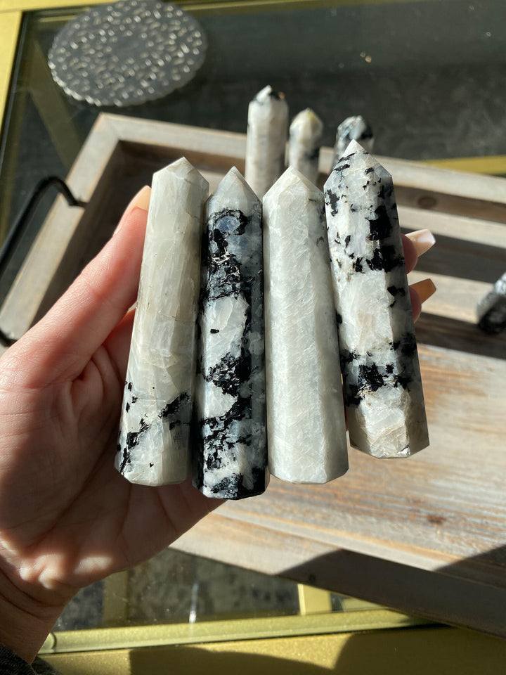 Rainbow Moonstone 3" Tower - Safety Crystal - Hope - Happiness - Fresh Start - Moon Divine Feminine Energy - Support - Soothing