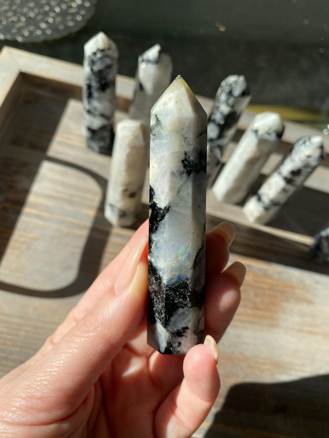 Rainbow Moonstone 3" Tower - Safety Crystal - Hope - Happiness - Fresh Start - Moon Divine Feminine Energy - Support - Soothing
