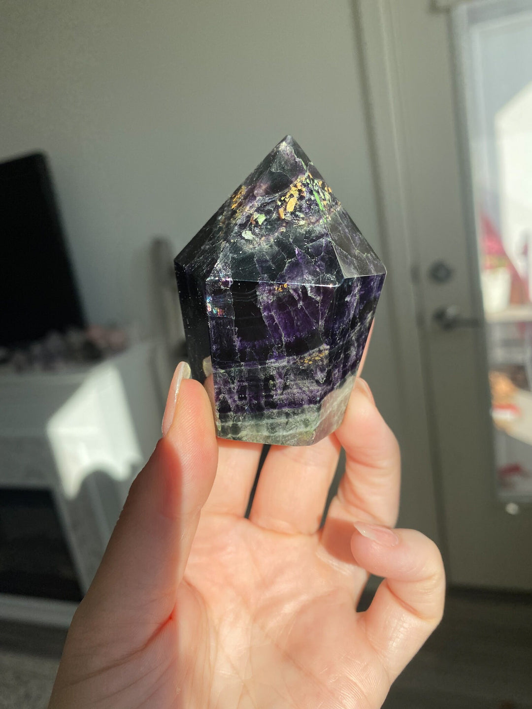 Agate Inclusion Rainbow Fluorite Polished Point - Get this EXACT Stone - Protection - Aura Cleanse - Communication - Visions