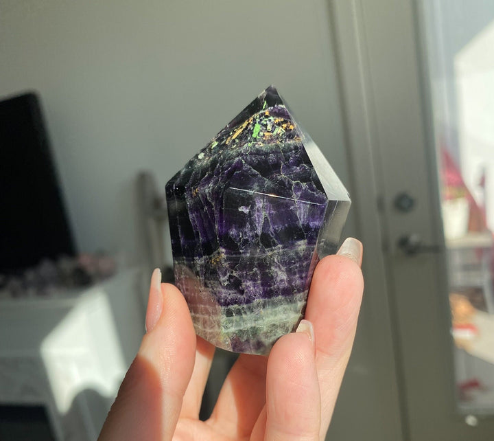 Agate Inclusion Rainbow Fluorite Polished Point - Get this EXACT Stone - Protection - Aura Cleanse - Communication - Visions