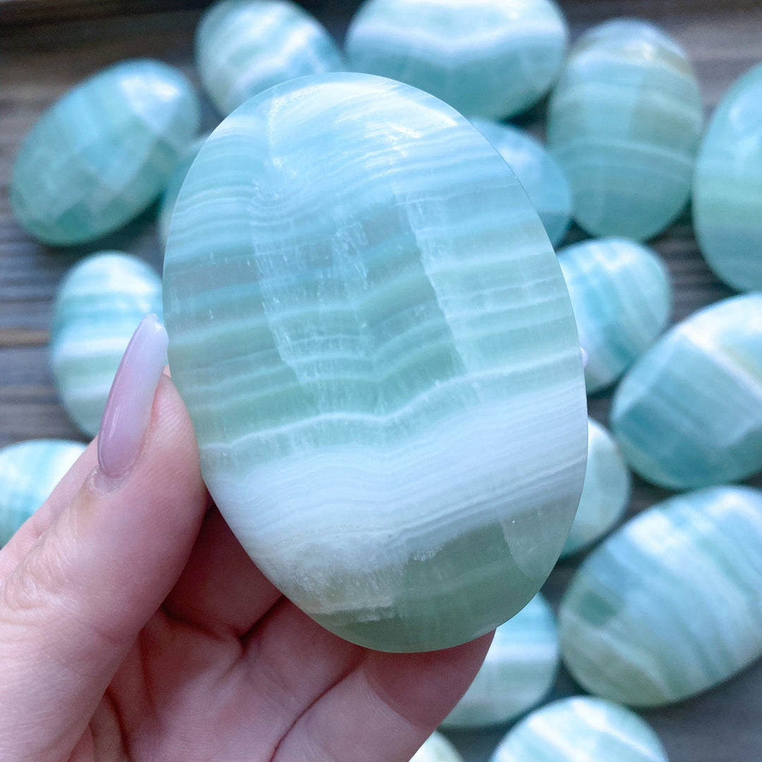 Banded Pistachio Calcite Palm Stone - Sea Green
