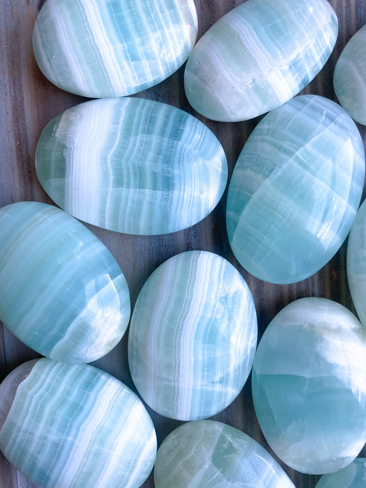 Banded Pistachio Calcite Palm Stone - Sea Green