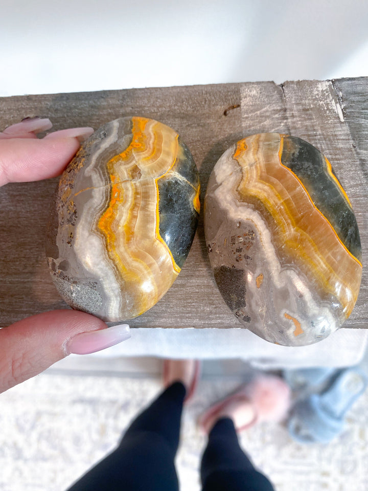 SET: 2 Bumble Bee Jasper Palm Stones - Manifest - Self-Trust Stone - Confidence Crystal - Perseverance - Openness - Creating Change