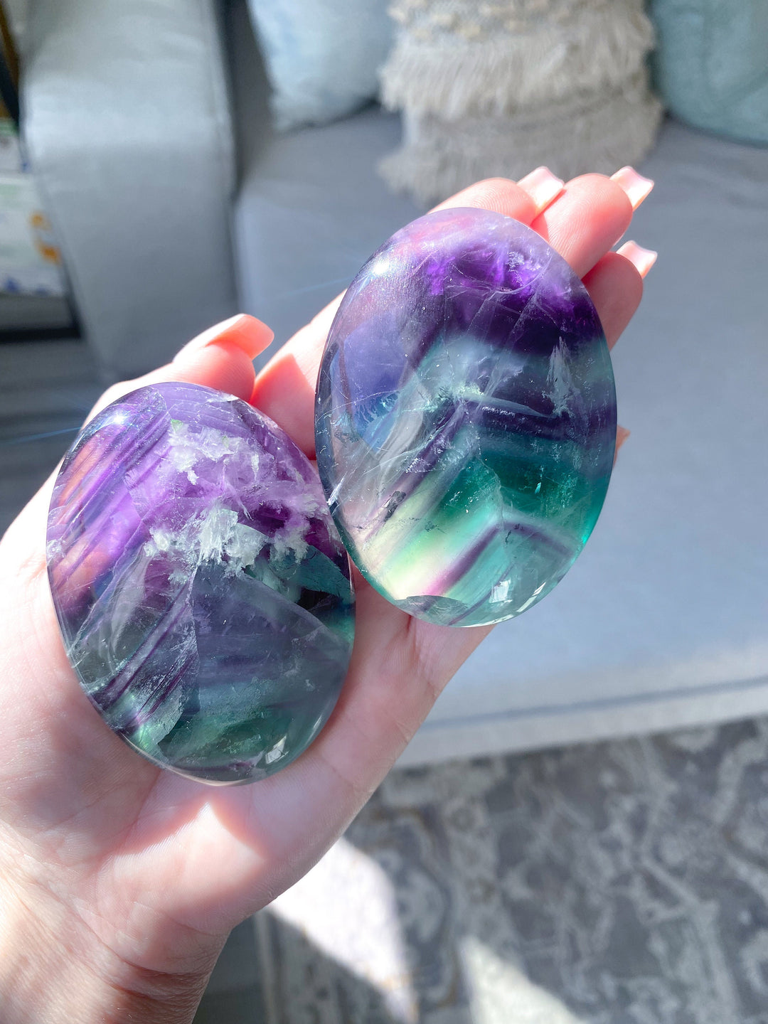 Chevron Rainbow Fluorite Palm - Green, Purple - Protection - Aura Cleanse - Communication - Visions