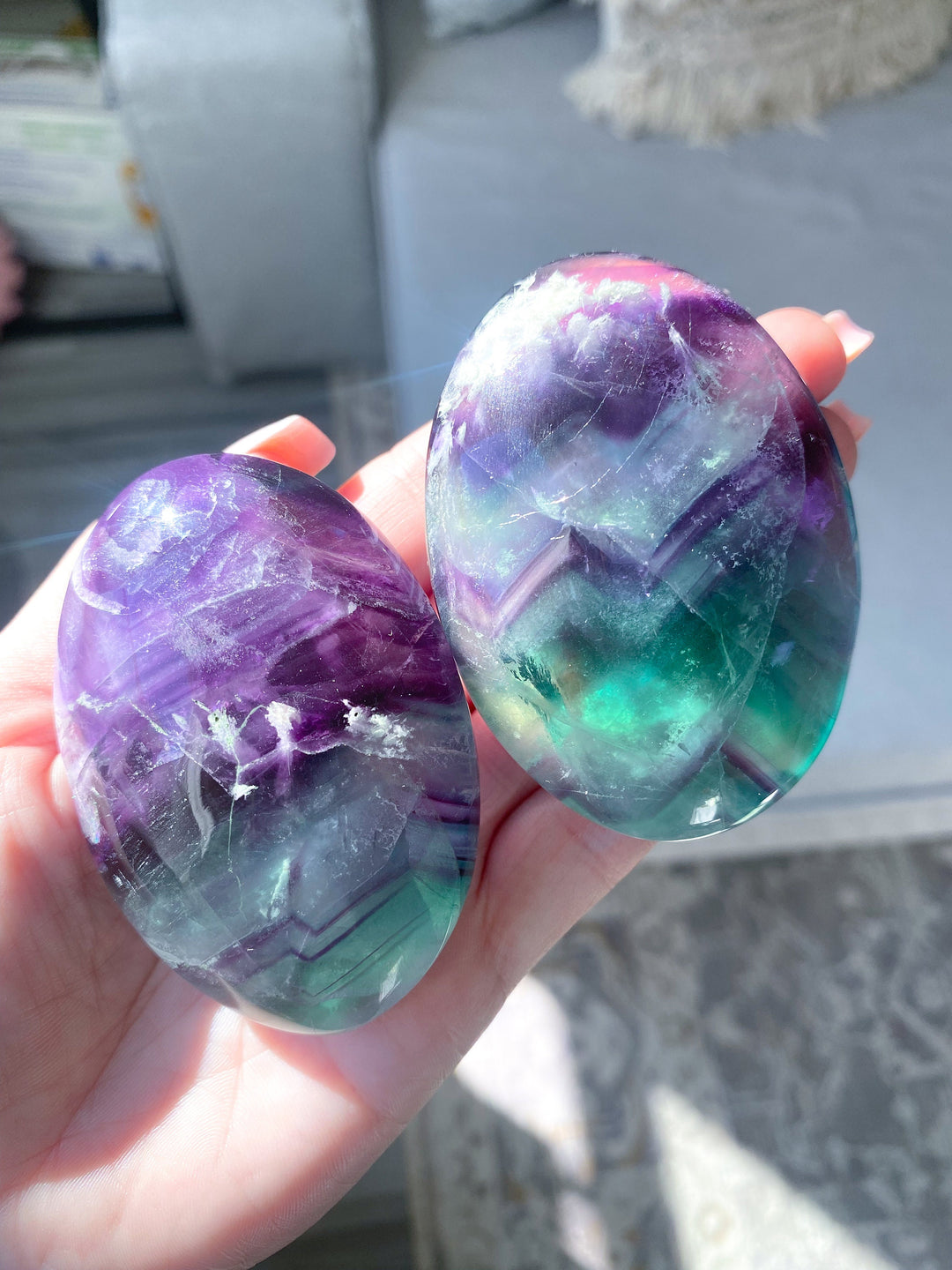 Chevron Rainbow Fluorite Palm - Green, Purple - Protection - Aura Cleanse - Communication - Visions