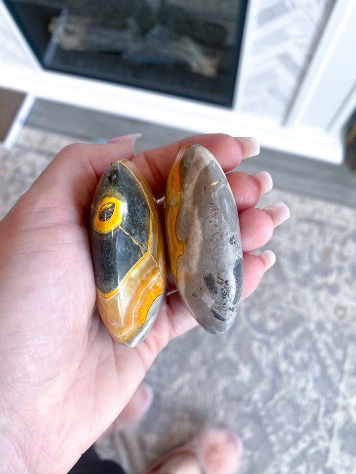 SET: 2 Bumble Bee Jasper Palm Stones - Manifest - Self-Trust Stone - Confidence Crystal - Perseverance - Openness - Creating Change