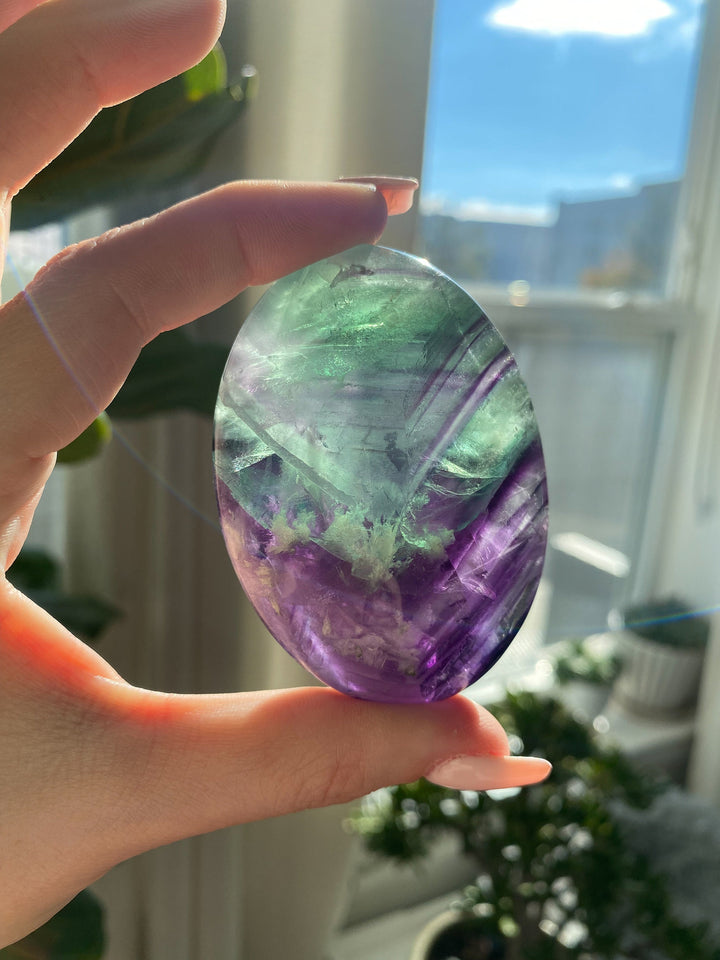 Chevron Rainbow Fluorite Palm - Green, Purple - Protection - Aura Cleanse - Communication - Visions