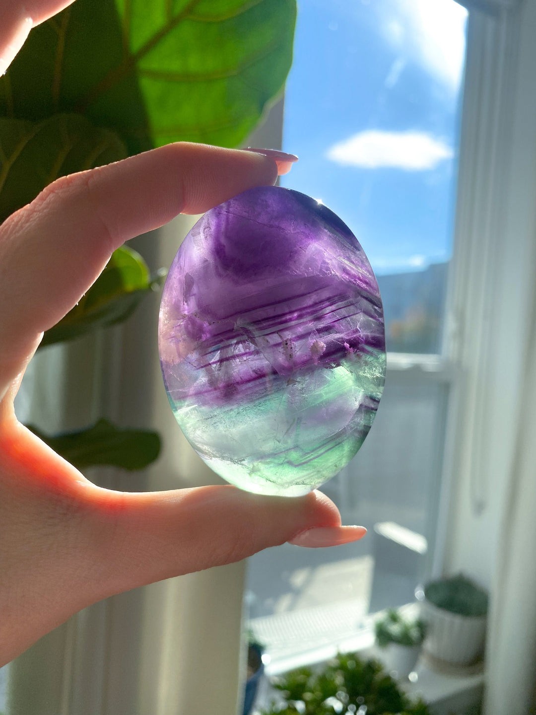 Chevron Rainbow Fluorite Palm - Green, Purple - Protection - Aura Cleanse - Communication - Visions