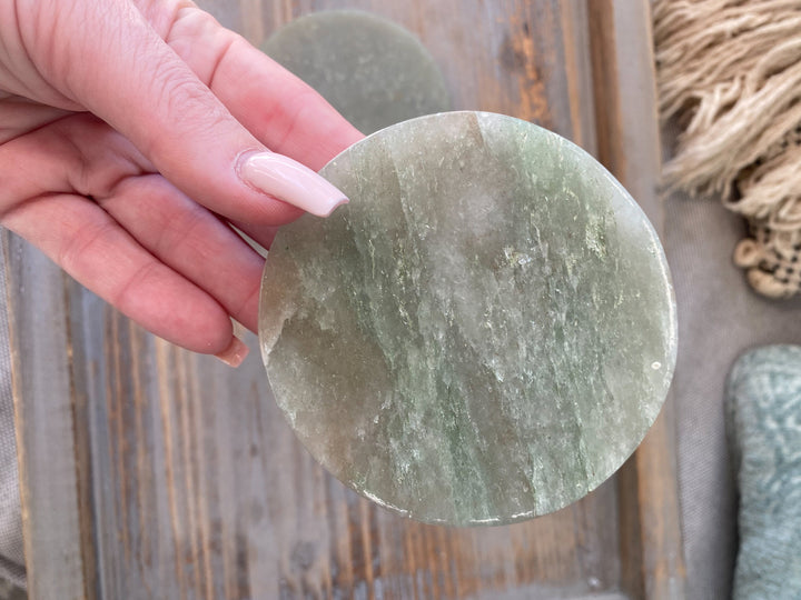 Light Green Aventurine Charger - Circle - Slice - Health - Achievement - Success - Money - Heart - Prosperity - Happy - Coaster
