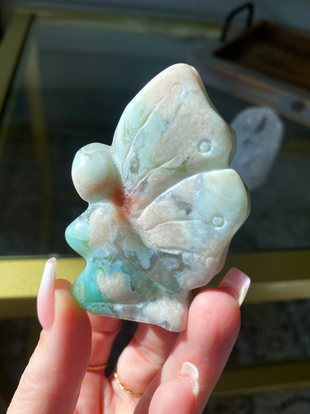 Green Pink Flower Agate Fairy Carving - Cherry Blossom - Cheerful - Happy - Spiritual Growth - New Beginnings