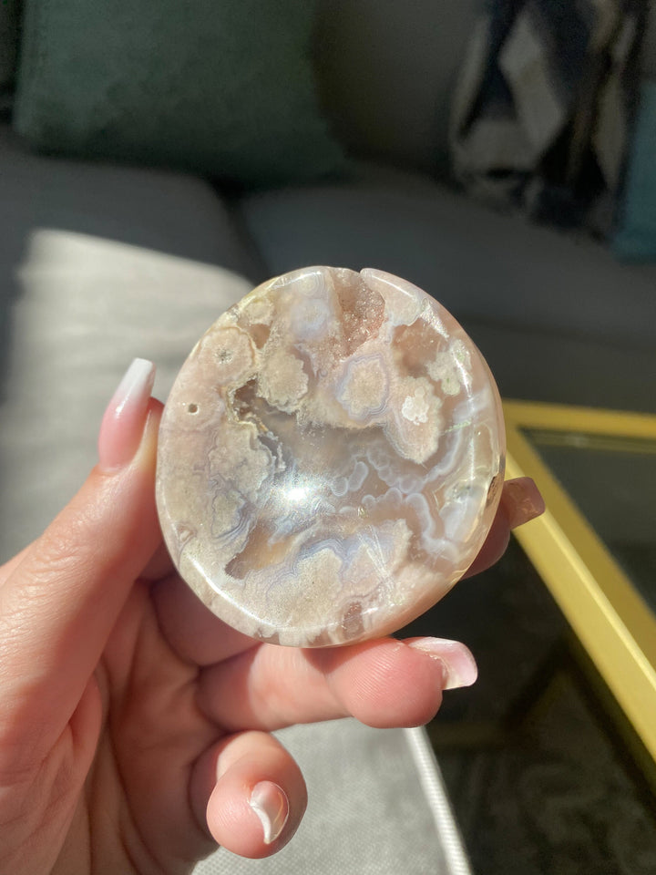 Druzy Flower Agate Small Offering Bowl A Quality - Cherry Blossom - Cheerful - Happy - Spiritual Growth - New Beginnings - 2" Offering Bowl