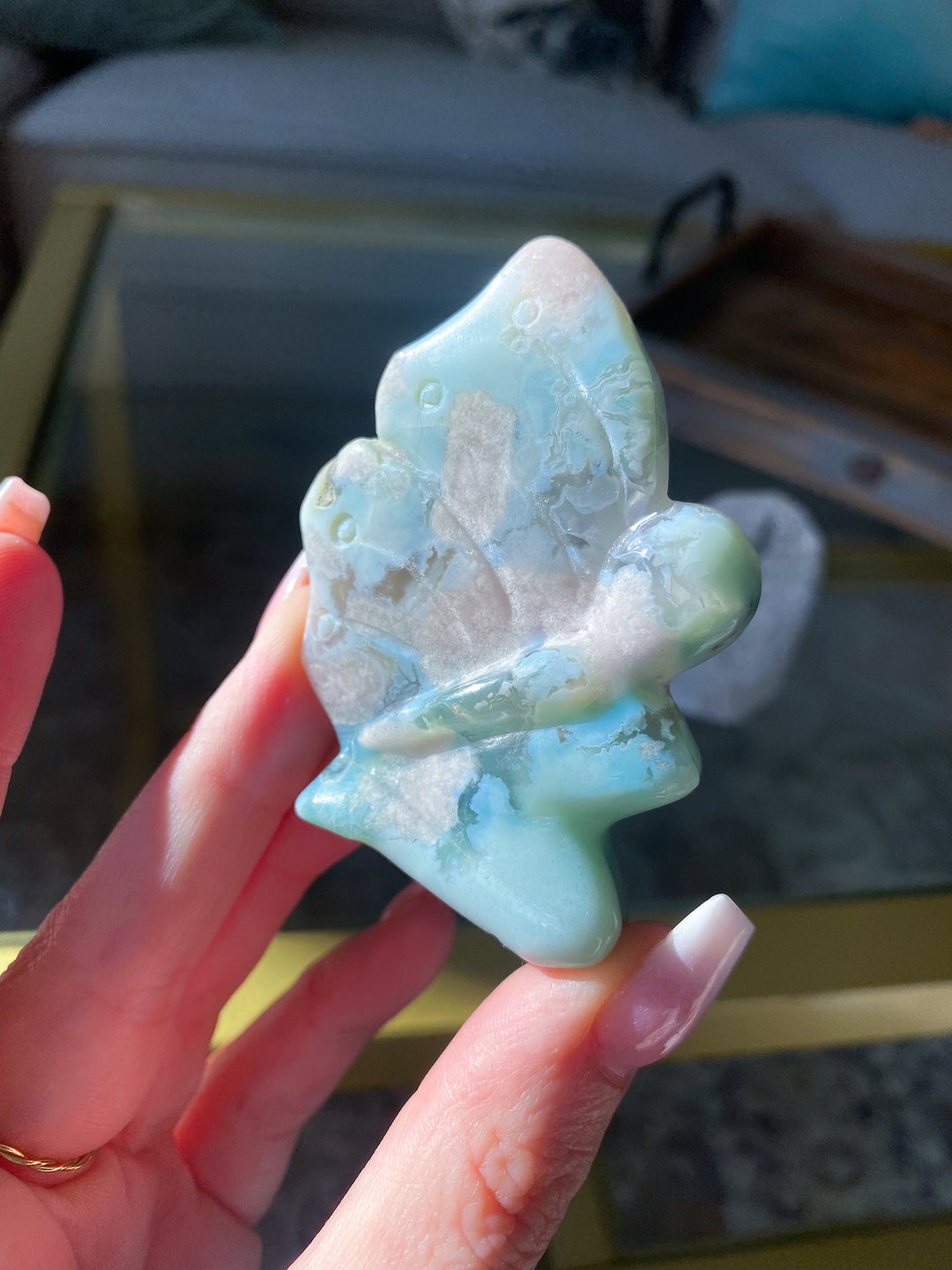 Green Pink Flower Agate Fairy Carving - Cherry Blossom - Cheerful - Happy - Spiritual Growth - New Beginnings