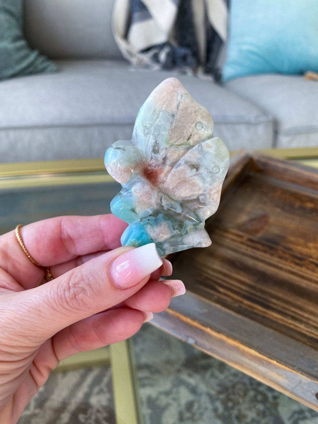 Green Pink Flower Agate Fairy Carving - Cherry Blossom - Cheerful - Happy - Spiritual Growth - New Beginnings