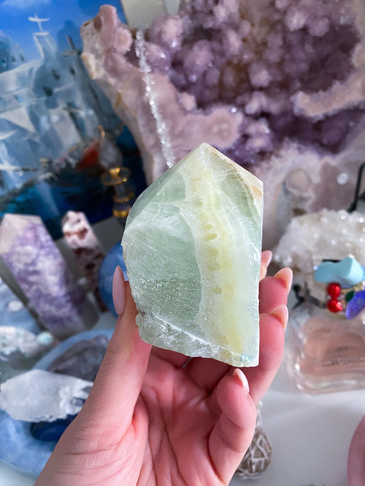 Green Calcite Top Polish Point - Increase Patience - Self Love - Heart Chakra - Green Calcite Point