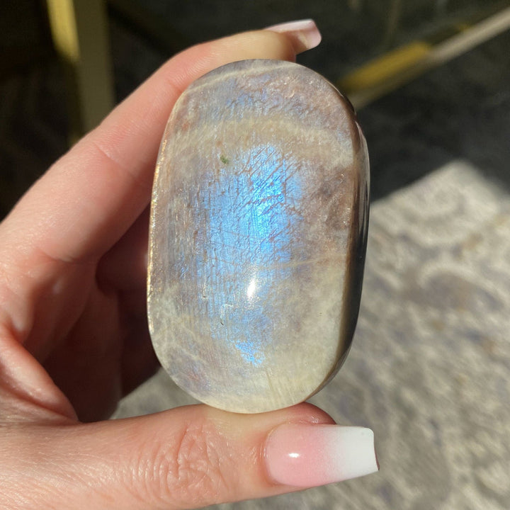 Blue FLASHY Moonstone Palm Stone - Belomorite