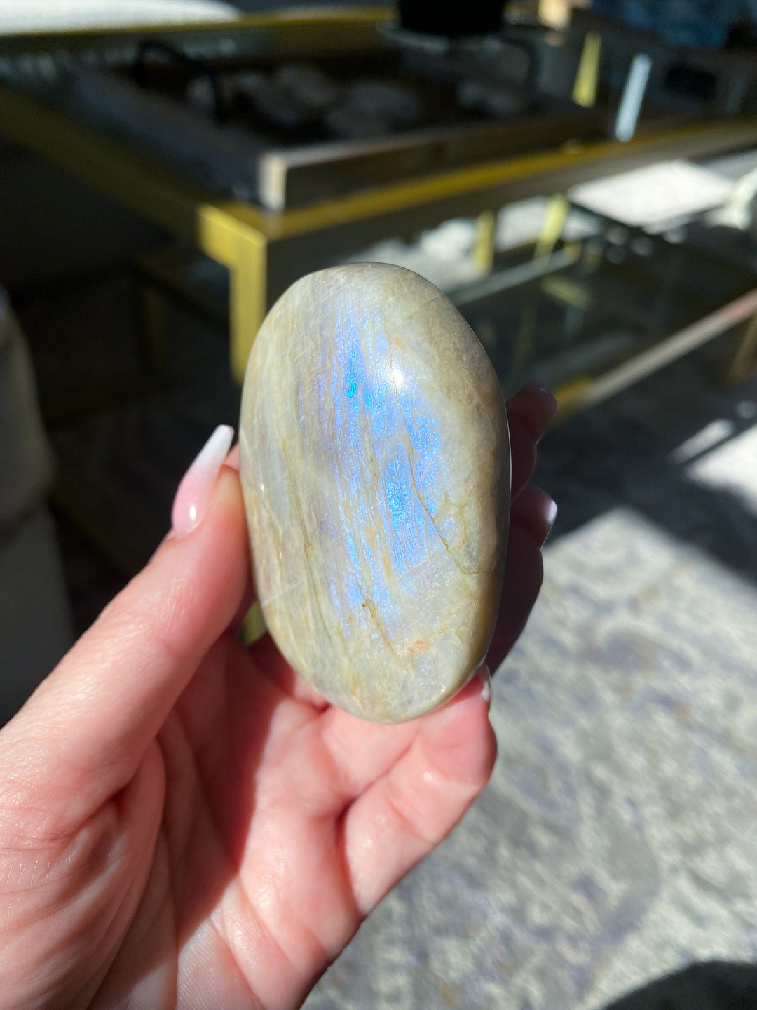 Blue FLASHY Moonstone Palm Stone - Belomorite