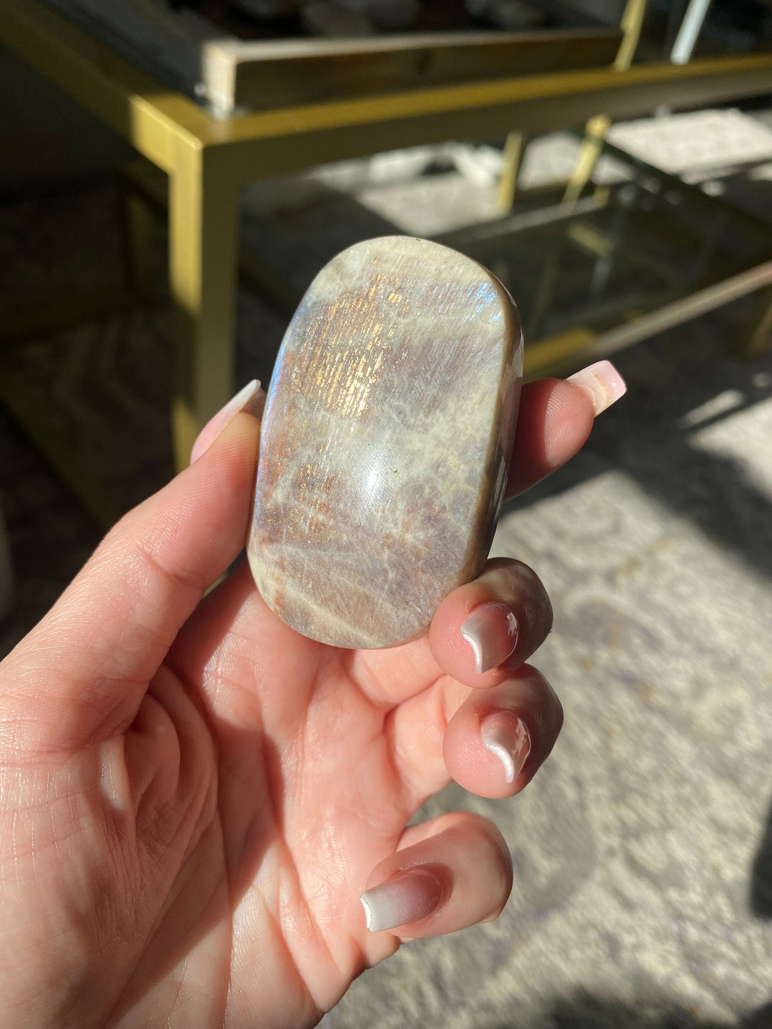 Blue FLASHY Moonstone Palm Stone - Belomorite