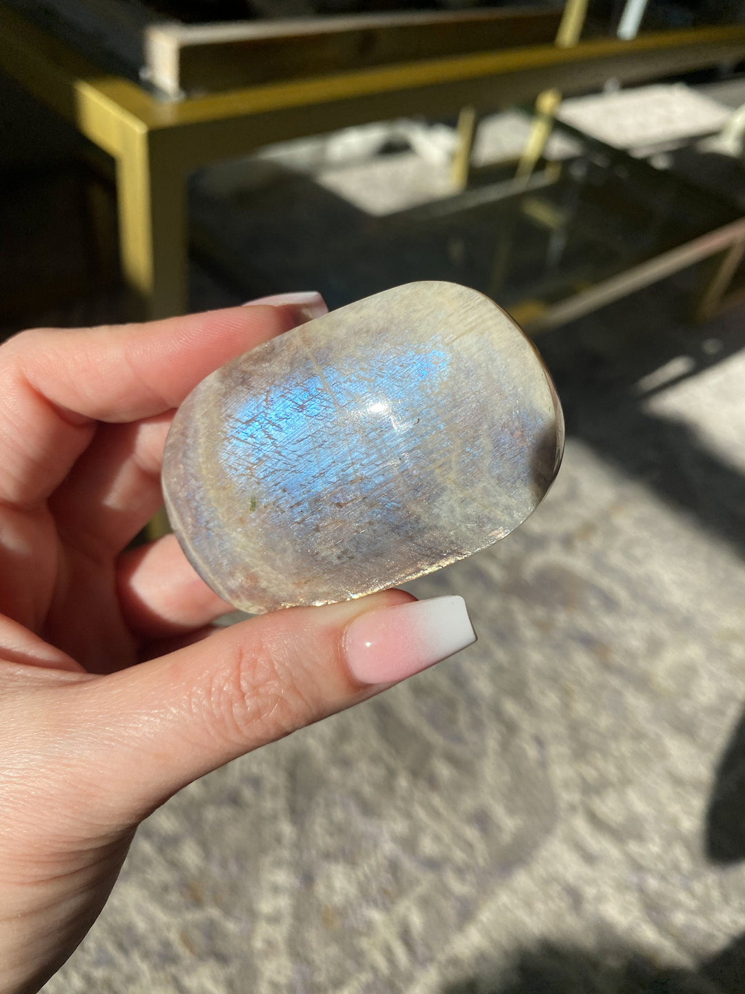 Blue FLASHY Moonstone Palm Stone - Belomorite