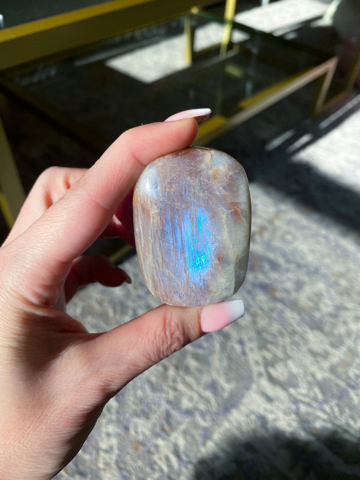 Blue FLASHY Moonstone Palm Stone - Belomorite