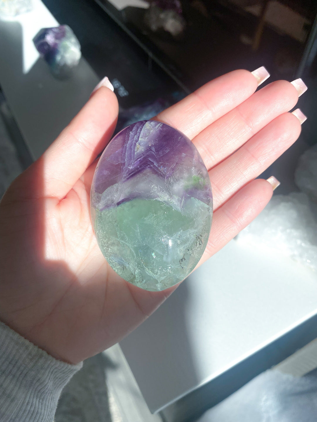 Chevron Rainbow Fluorite Palm - Green, Purple - Get this EXACT Stone - Protection - Aura Cleanse - Communication - Visions