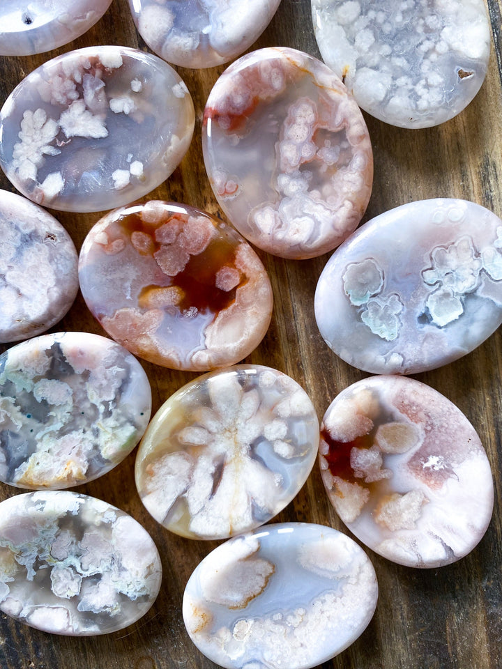 QUALITY Large Flower Agate Worry Stone - You Choose - Growth - Protection - Passion - Balance - Healing - Love - New Beginnings