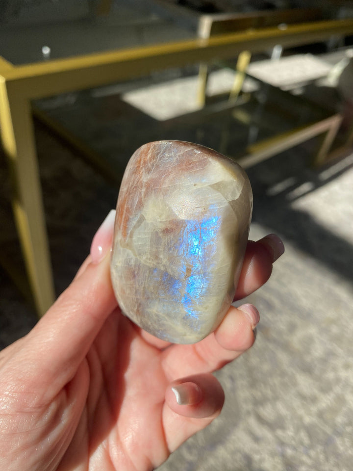 Blue FLASHY Moonstone Palm Stone - Belomorite