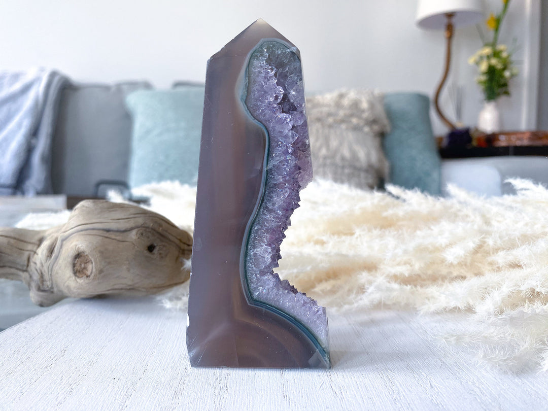 4" Druzy Amethyst and Grey Agate Sliced Tower Freestanding - Increase Energy - Calm Nerves - Crystal Therapy - Self-care Stone