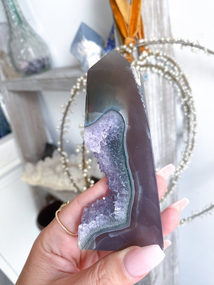 4" Druzy Amethyst and Grey Agate Sliced Tower Freestanding - Increase Energy - Calm Nerves - Crystal Therapy - Self-care Stone