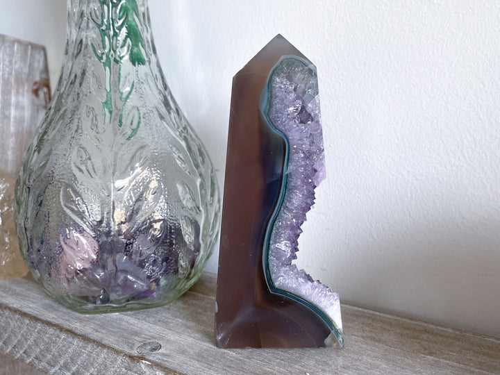 4" Druzy Amethyst and Grey Agate Sliced Tower Freestanding - Increase Energy - Calm Nerves - Crystal Therapy - Self-care Stone