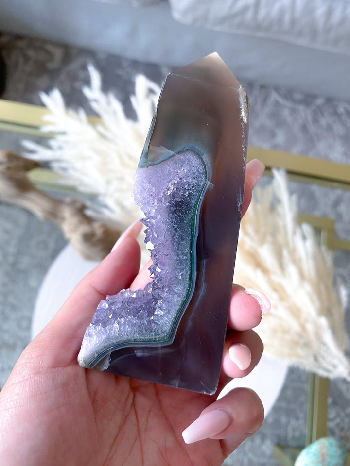 4" Druzy Amethyst and Grey Agate Sliced Tower Freestanding - Increase Energy - Calm Nerves - Crystal Therapy - Self-care Stone